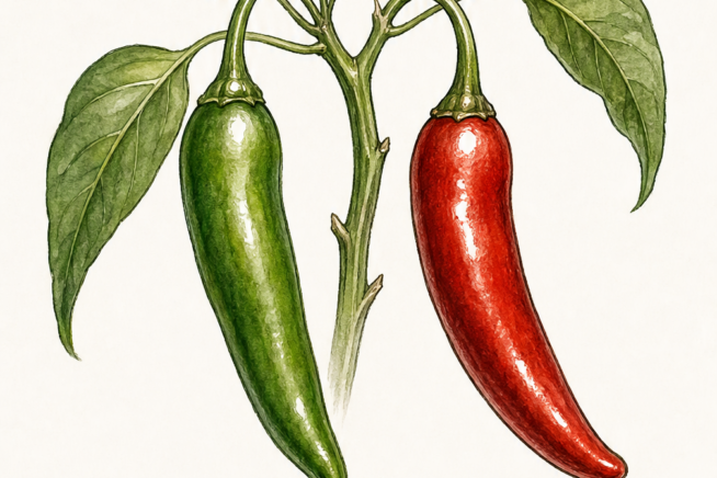Botanical illustration showing a green and a red serrano pepper on a branch, detailing harvest stages and flavor profiles.