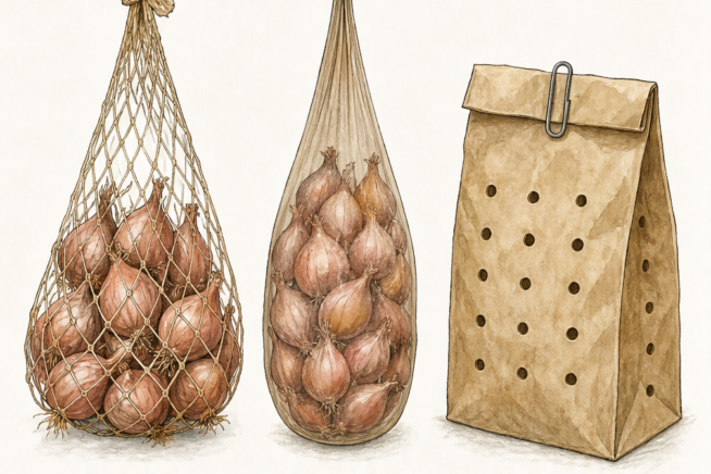Three botanical illustrations showing how to store whole shallots in a mesh bag, nylon hose, or punched paper bag.