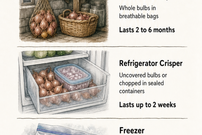A timeline showing how long shallots last in the cellar, refrigerator, and freezer.