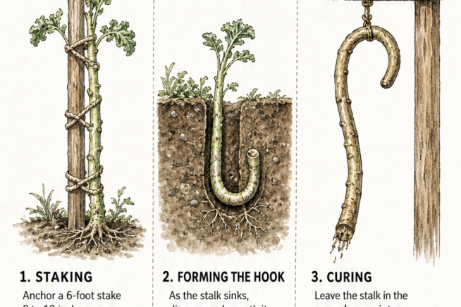 Three botanical vignettes illustrating the process of shaping a walking stick kale stalk: staking the young plant, forming the underground hook, and curing the...