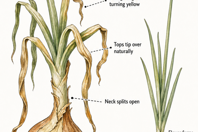 Botanical illustration showing signs of a maturing bulb onion, including yellowing foliage, tipped over tops, split neck, and the bulb pushing through the soil.