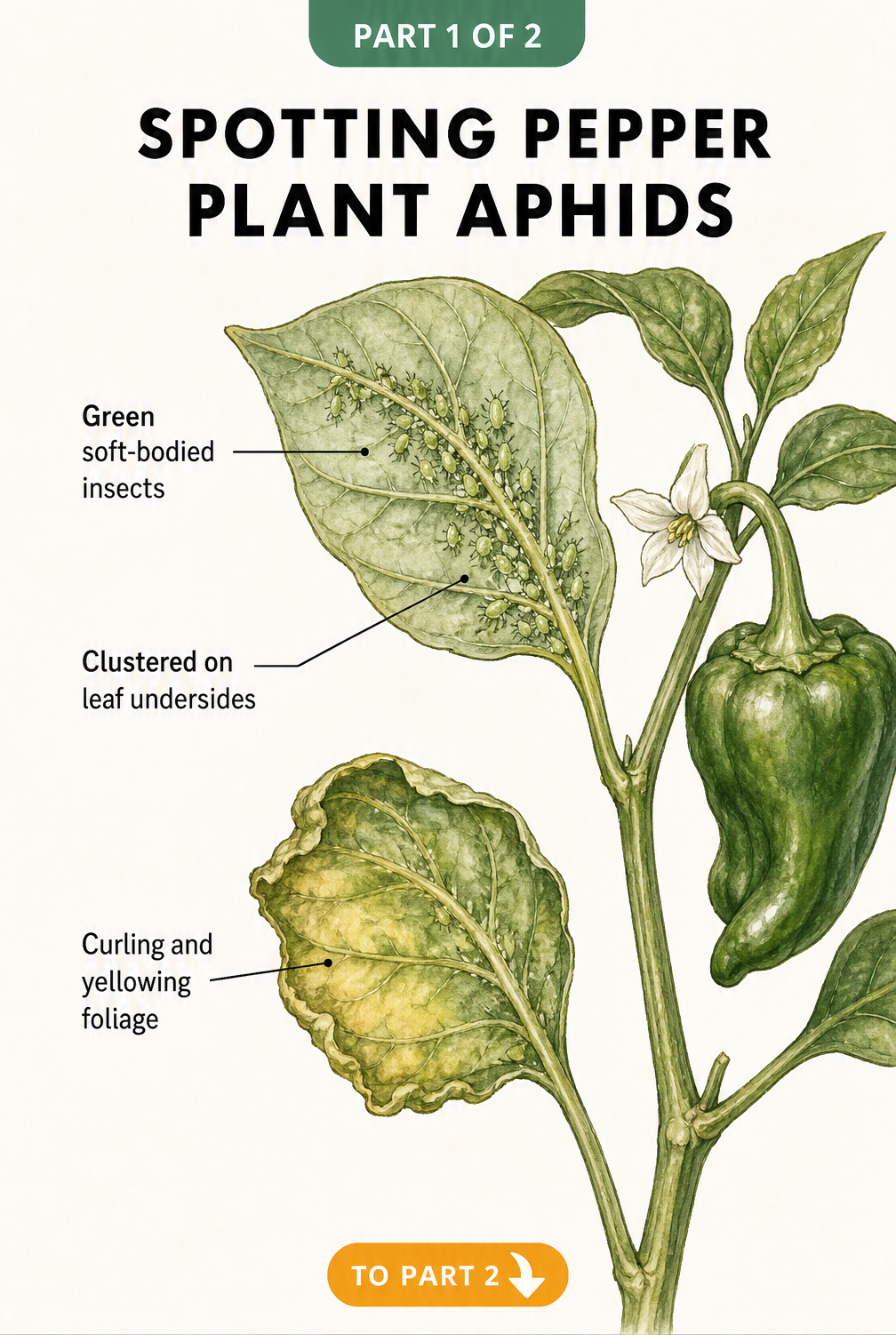 Botanical illustration showing green aphids clustered on the underside of a pepper plant leaf, causing curling and yellowing foliage.