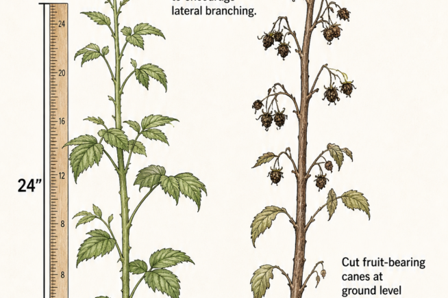 Illustration showing how to prune a summer black raspberry bush by pinching out the top 2 to 3 inches of a primocane and cutting fruit-bearing canes at ground...