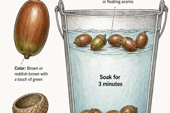 Illustration showing how to test acorns for planting by checking cap separation and soaking them in water to find sinkers.