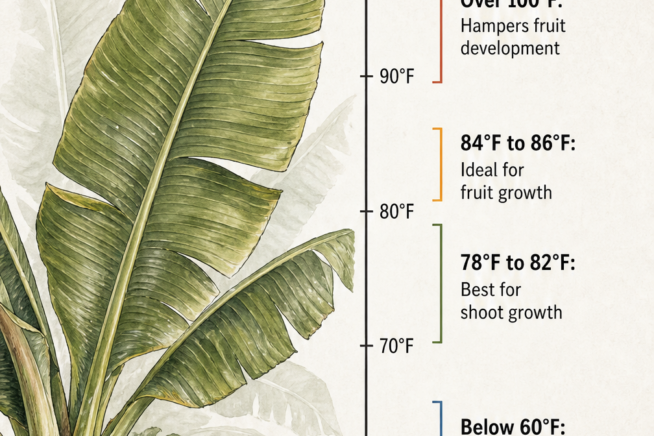 Botanical illustration showing ideal temperature ranges and USDA zones for growing banana trees in Texas