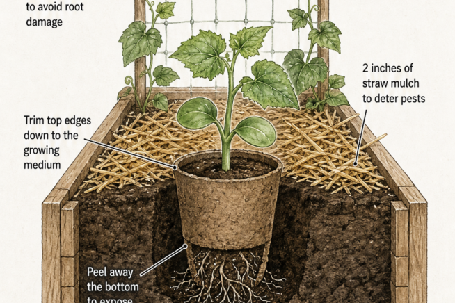 Cross-section illustration of a raised bed showing how to transplant a cucumber seedling in a peat pot