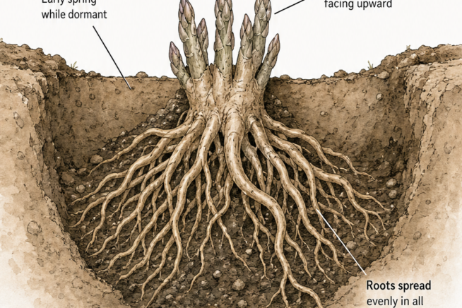 Detailed illustration of a dormant asparagus crown being placed in a trench with roots spread evenly over a compost mound.