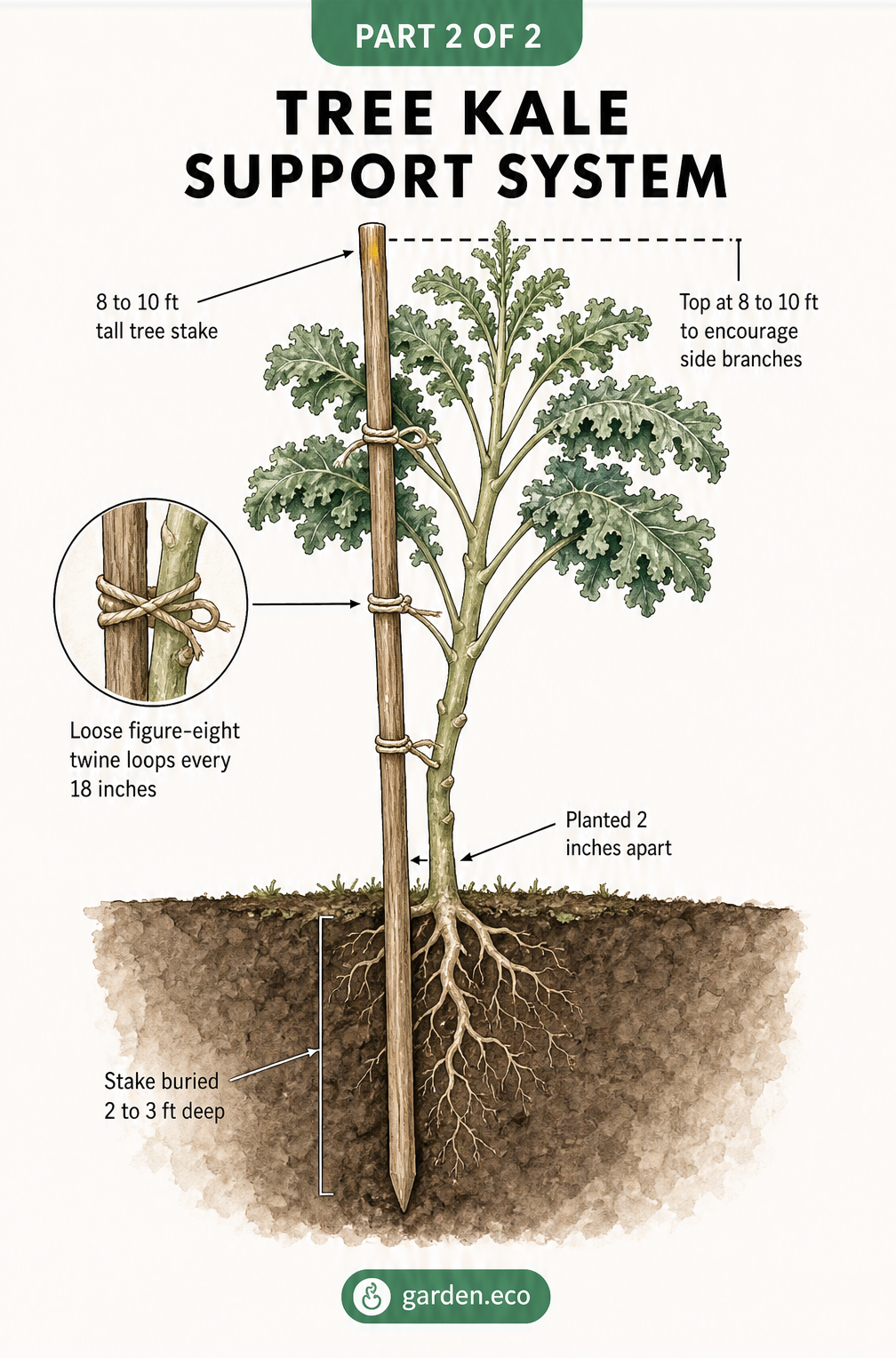 Illustration of a mature tree kale plant supported by a tall wooden stake with figure-eight twine loops