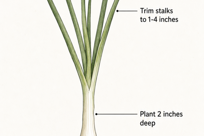 Botanical illustration showing how to trim onion seedlings before transplanting, including root and stalk lengths.