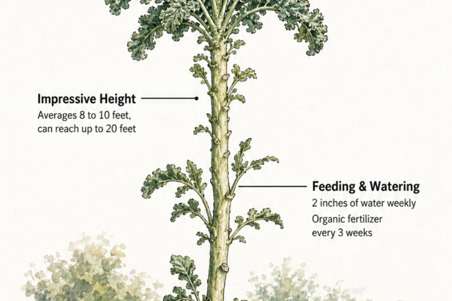 Botanical illustration of a mature walking stick kale plant showing its impressive height, edible leaf tuft, and growing requirements like soil, light, and...