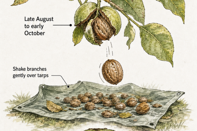 Illustration showing a ripe walnut falling onto a tarp and a cross-section of a walnut indicating readiness for harvest.