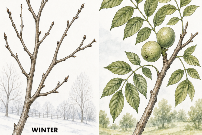Botanical illustration showing a bare walnut branch in winter and a leafy branch with green walnuts in summer, detailing USDA zones and chilling hours.