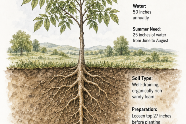 Cross-section illustration of a young walnut tree showing the canopy in sunlight and the deep taproot system in the soil.