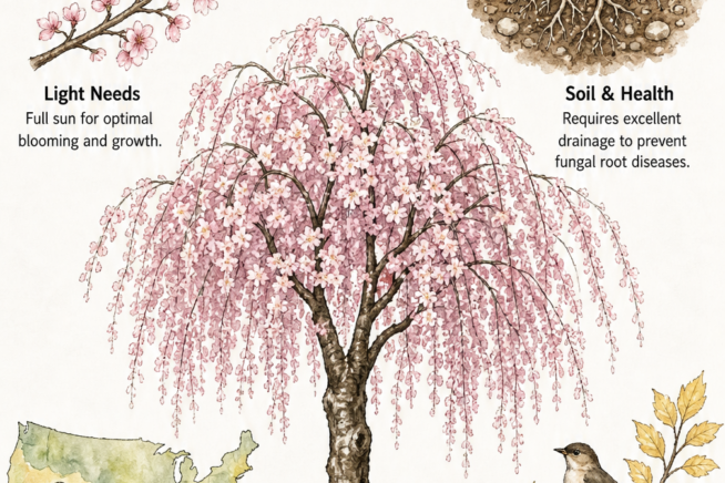 Botanical drawing of a weeping cherry tree showing light needs, soil requirements, climate zones, and seasonal wildlife benefits