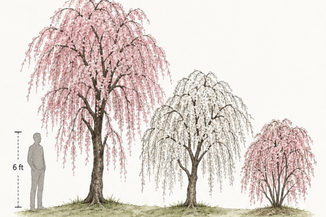 Botanical illustration comparing the sizes of Higan, Snow Fountain, and Hiromi weeping cherry trees next to a 6-foot human silhouette.