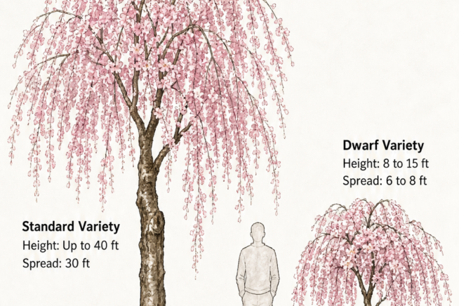 Illustration comparing the size of a standard weeping cherry tree to a dwarf variety with a human silhouette for scale
