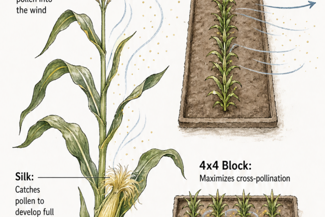 Botanical illustration showing how wind carries pollen from the corn tassel down to the silk, comparing a single row layout to a 4x4 block for better...