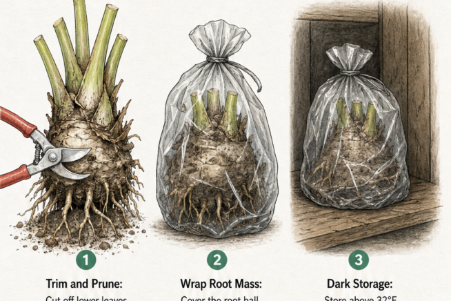 Three-step illustration showing how to winterize a banana bulb: trimming leaves and roots, wrapping the root mass in a plastic bag, and storing it in a dark,...