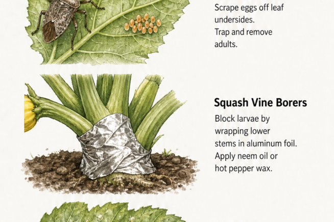Illustrations showing how to defend zucchini plants against squash bugs, squash vine borers, aphids, and spider mites.