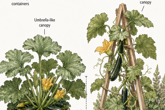 Illustration comparing a compact bush zucchini plant in a container to a vining zucchini plant on a wooden A-frame trellis.