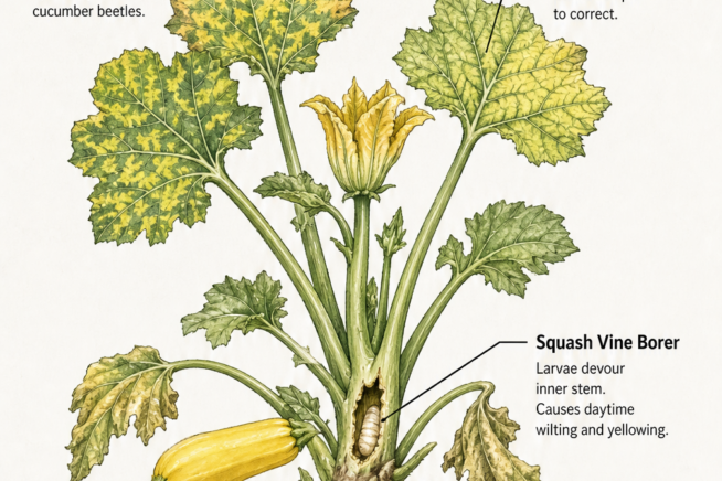 Botanical illustration of a zucchini plant showing symptoms of mosaic virus, iron deficiency, squash vine borer, and inadequate water.