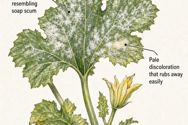 Botanical illustration of a zucchini leaf showing signs of powdery mildew, including waxy white patches, pale discoloration, and wilting edges.