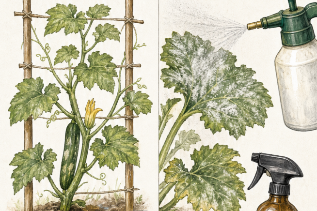 Illustration showing how to prevent and treat powdery mildew on zucchini by pruning, using trellises, watering at ground level, and applying copper fungicide...