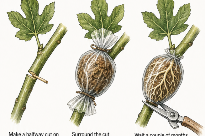 Step-by-step illustration of air layering a fig tree branch using sphagnum moss and plastic wrap.