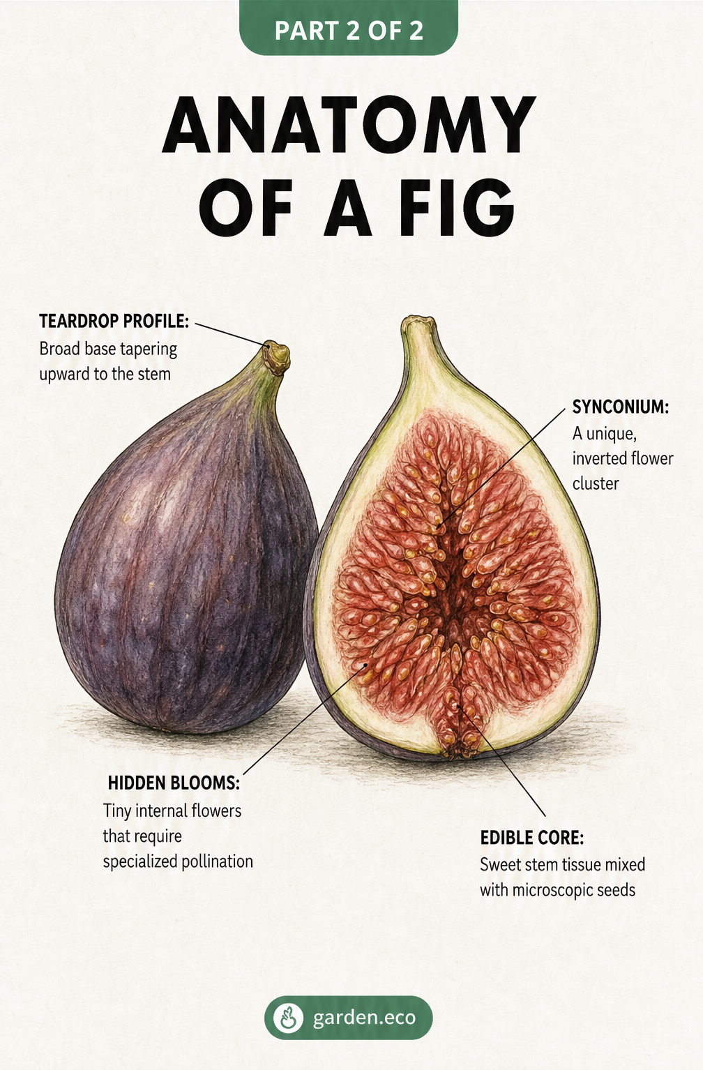 Botanical cross-section illustration of an edible fig showing the teardrop profile, synconium, hidden blooms, and edible core