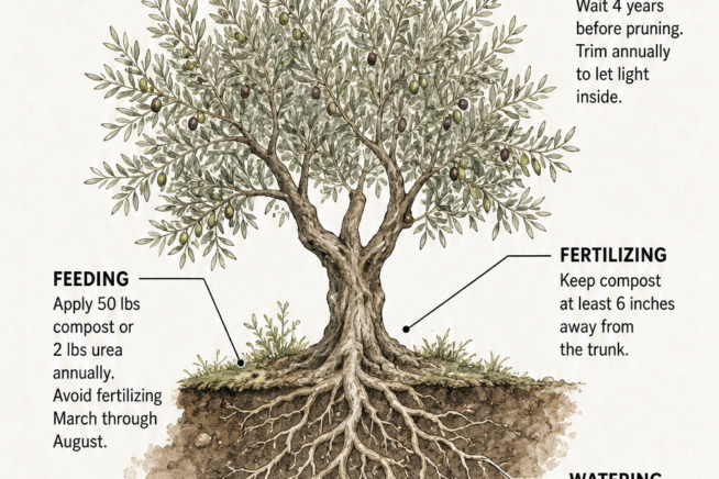 Cross-section illustration of an olive tree detailing annual care instructions for pruning, fertilizing, feeding, and watering.