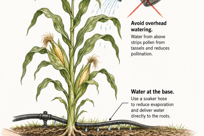 Illustration demonstrating proper corn watering techniques, including using a soaker hose and the finger test.