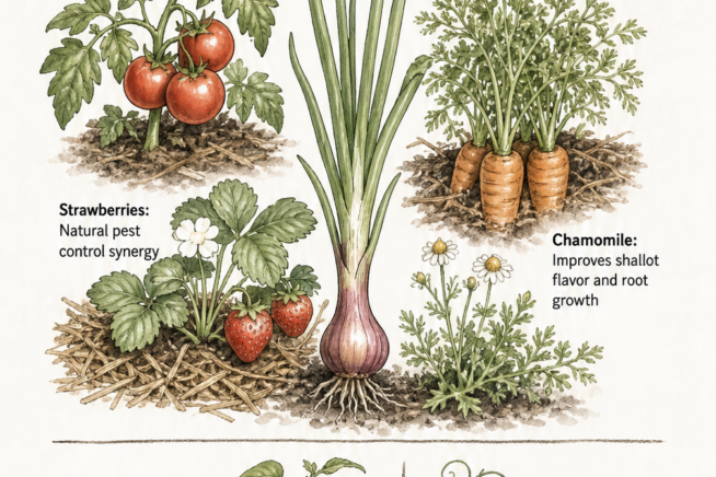 Botanical illustration showing the best companion plants for shallots like tomatoes and carrots, and plants to avoid like beans and peas.
