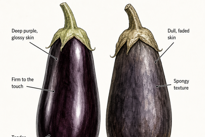 Botanical illustration comparing a perfectly ripe Black Beauty eggplant with deep purple glossy skin to an overripe one with dull skin.