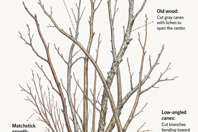 Botanical illustration showing which blueberry branches to prune, including crossovers, old wood, and low-angled canes.