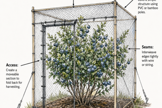 Diagram showing how to build a proper netting frame over a blueberry bush with clearance and access points