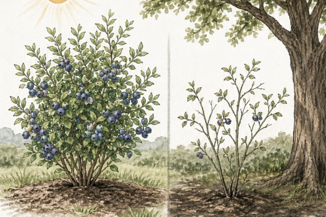 Illustration showing a healthy blueberry bush in full sun with many berries compared to a sparse bush in the shade