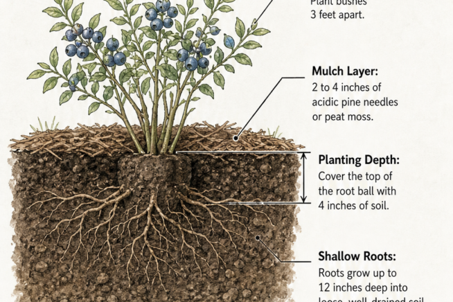 Cross-section diagram of a planted blueberry bush showing row spacing, mulch layer, planting depth, shallow roots, and acidic soil pH