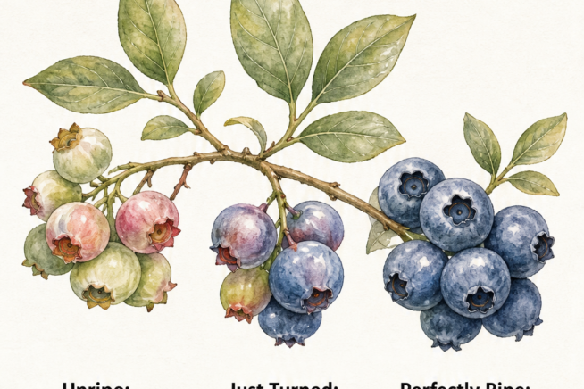 Watercolor illustration showing blueberry ripening stages from green to deep blue