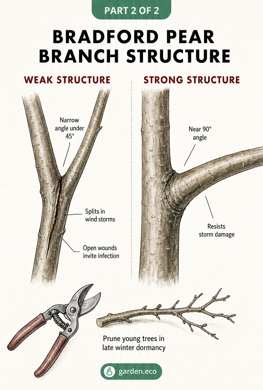 Illustration showing weak versus strong branch structures on a Bradford Pear tree to prevent storm damage.