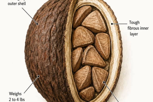 Botanical illustration showing a cross-section of a Brazil nut drupe with its mahogany-like outer shell and tightly packed triangular seeds