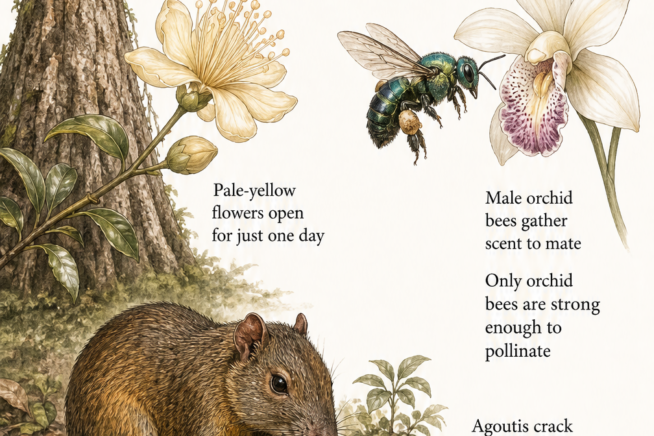 Hand-drawn illustration of the Brazil nut lifecycle featuring a tall tree, an orchid bee pollinating a flower, and an agouti cracking a fallen drupe