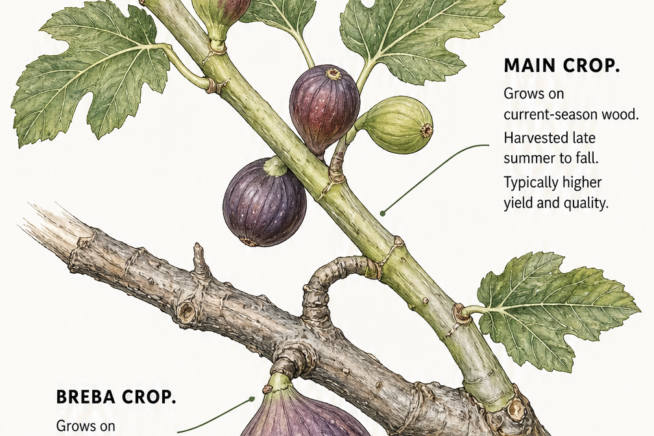 Botanical drawing comparing the breba fig crop on old wood to the main fig crop on new wood.