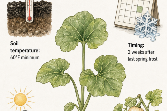 Botanical illustration of a young butternut squash plant in garden soil with temperature, timing, sun, water, and harvest requirements.