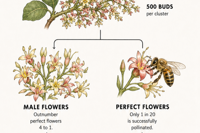 Hand-drawn chart illustrating cashew flower pollination odds, showing 500 buds per cluster, male flowers outnumbering perfect flowers 4 to 1, and a final yield...