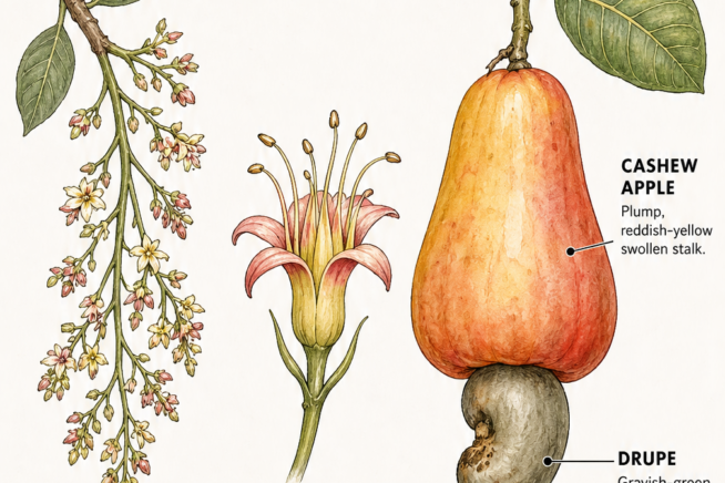 Botanical illustration showing the three stages of cashew development: flower cluster, individual pinkish-yellow flower, and the mature cashew apple with the...