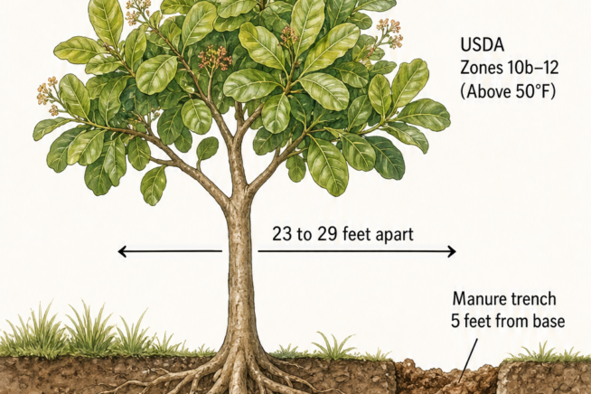 Cross-section diagram of a cashew tree showing sunlight needs, USDA zones, spacing, well-draining sandy loam soil, and a manure trench.