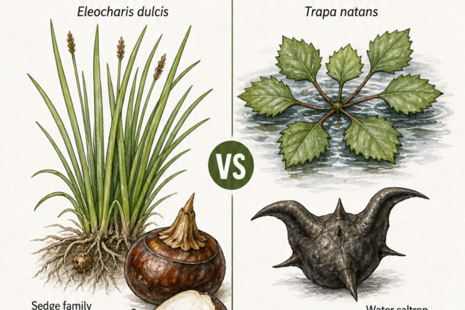 Side-by-side comparison of the edible Chinese water chestnut and the invasive European water chestnut.