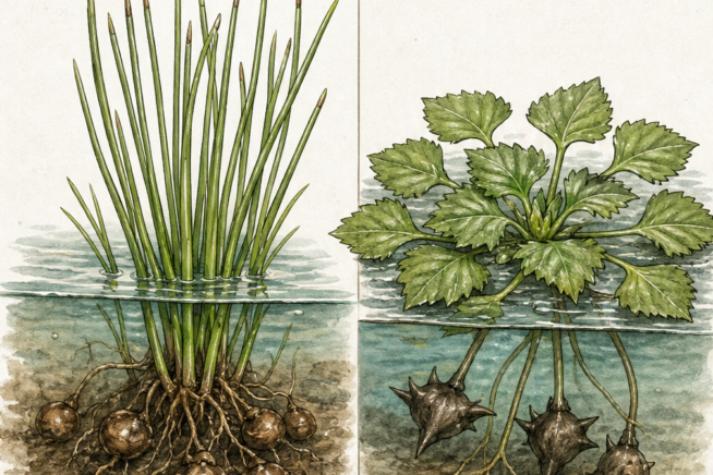 Illustration comparing the edible Chinese water chestnut with the invasive European water chestnut