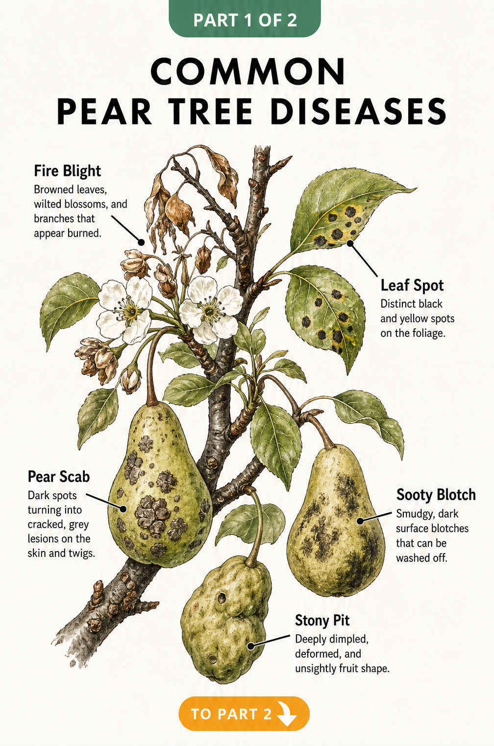 Botanical illustration of a pear branch showing symptoms of fire blight, leaf spot, pear scab, sooty blotch, and stony pit.