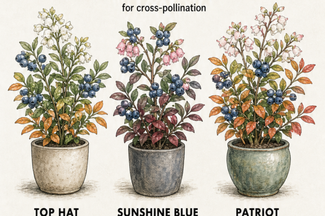 Botanical illustrations of three compact blueberry varieties ideal for containers: Top Hat, Sunshine Blue, and Patriot.